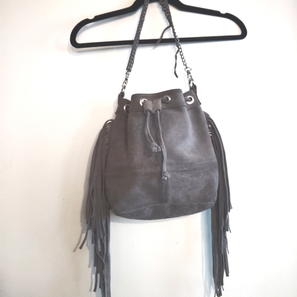 LAGGO Gray Fringe Bucket Bag